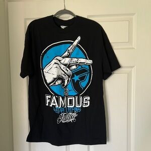 FAMOUS Black Graphic T-Shirt with Blue and White Design